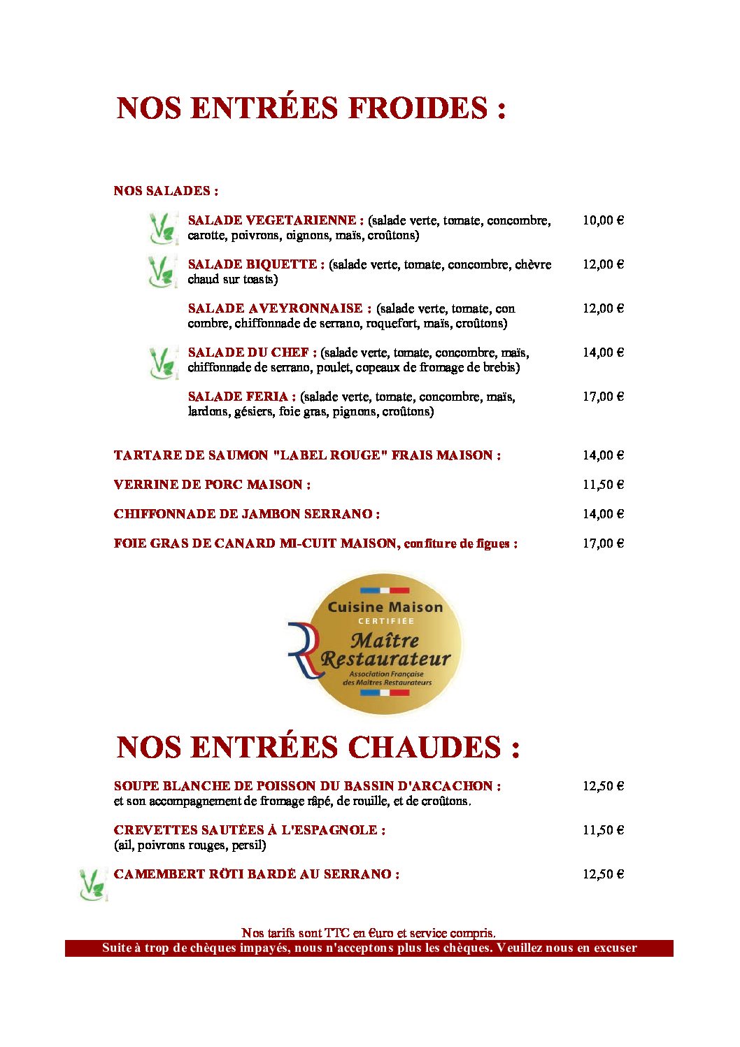 CARTE ENTREES RESTAURANT LA FERIA new